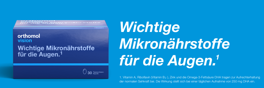 Blaue Box orthomol vision. Text: Wichtige Mikronährstoffe für die Augen. 30 Portionen.